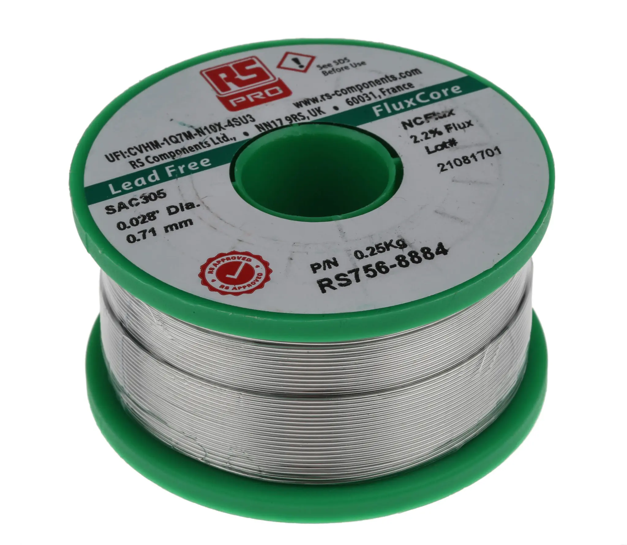Produktfoto 1 von RS PRO Draht Lötzinn bleifrei 96.5 %Sn 0 %Pb 0.5 %Cu 3 %Ag, 217 °C, Ø 0.71 mm / 250 g