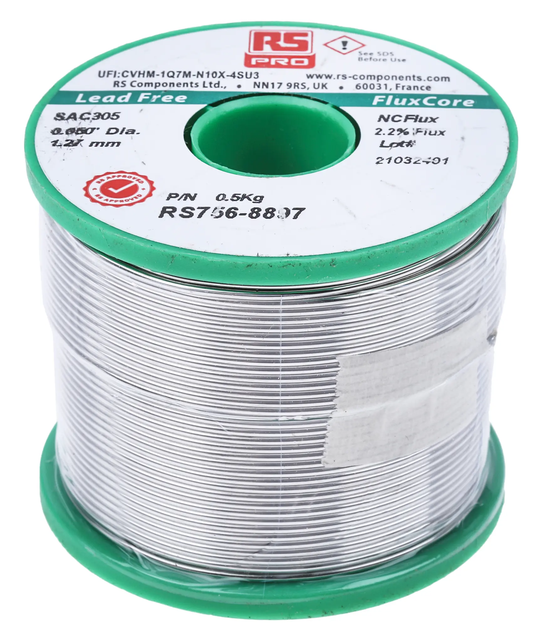 Produktfoto 1 von RS PRO Draht Lötzinn bleifrei 96.5 %Sn 0 %Pb 0.5 %Cu 3 %Ag, 217 °C, Ø 1.27 mm / 500 g