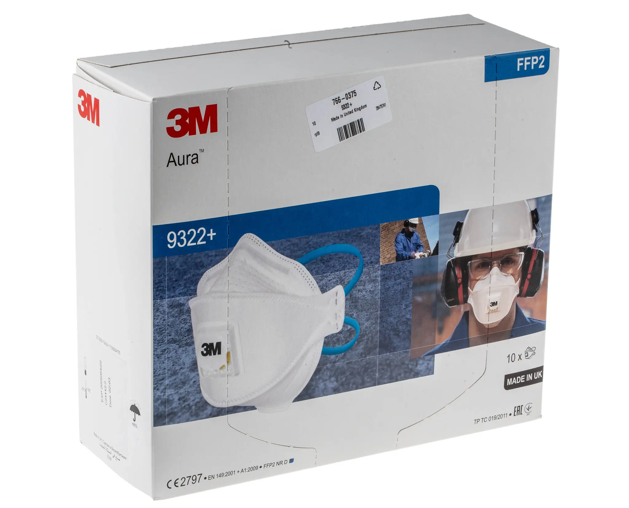 Produktfoto 1 von 3M Aura Einweggesichtsmaske Universal FFP2 No Weiß 10 Per Pack Stück