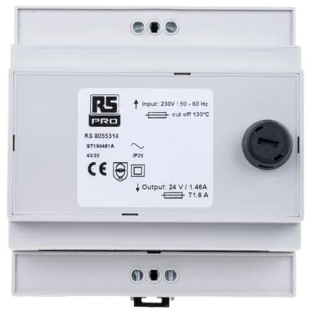 Produktfoto 1 von RS PRO 35 VA DIN-Schienen-Trafo, Primär 230 V ac / Sekundär 24 V ac DIN-Hutschiene 1 Ausg., 90 mm x 88mm x 58 mm