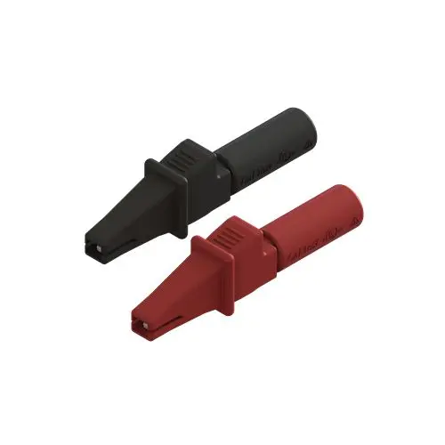 Produktfoto 1 von Vernickelt 9 mm Krokodilklemme, Schwarz, Rot, 5A Polyvinylchlorid Isoliert