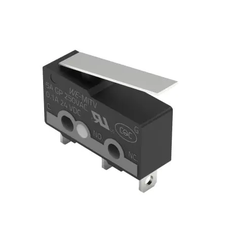 Produktfoto 1 von Wurth Elektronik Mikroschalter Gerader Hebel-Betätiger Lötöse, 1-poliger Umschalter, 24 V dc IP40 0 °C - 105 °C