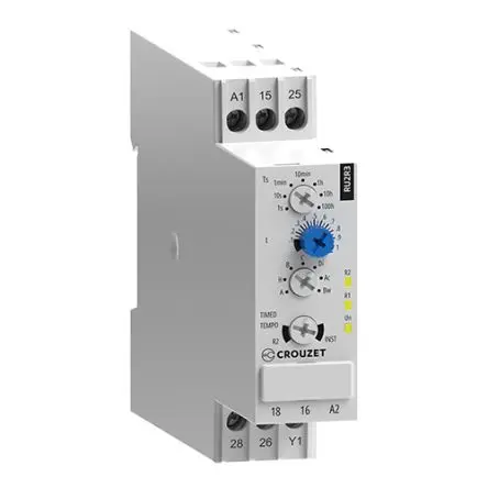 Produktfoto 1 von Crouzet RU2R3 Zeitrelais, DIN-Hutschiene 240 VDC, 1 s - 100 h, 2 Kont. Multifunktion, 2 Öffner