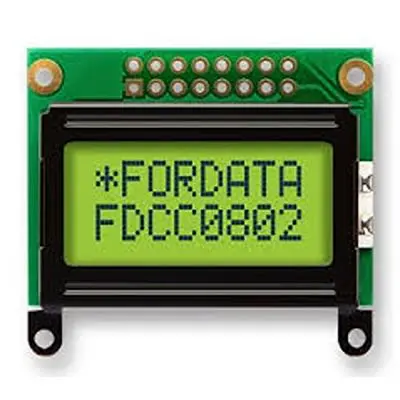Produktfoto 1 von Fordata FC0802E00 LCD-Anzeigemodul, STN LCD LCD Grün, Gelb 2 x 8, Hintergrund Grün, Gelb, Parallel Interface