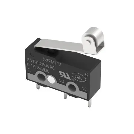 Produktfoto 1 von Wurth Elektronik Mikroschalter Rollenhebel-Betätiger Stiftpin, 1-poliger Umschalter, 24 V dc IP40 0 °C - 105 °C