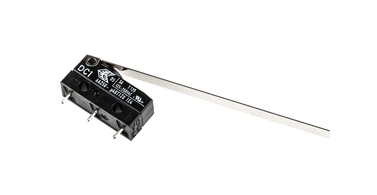 ZF Mikroschalter Scharnierhebel lang-Betätiger Lötanschluss, 6 A @ 250 V ac, 1-poliger Umschalter IP 6K7 -40°C - +120°C