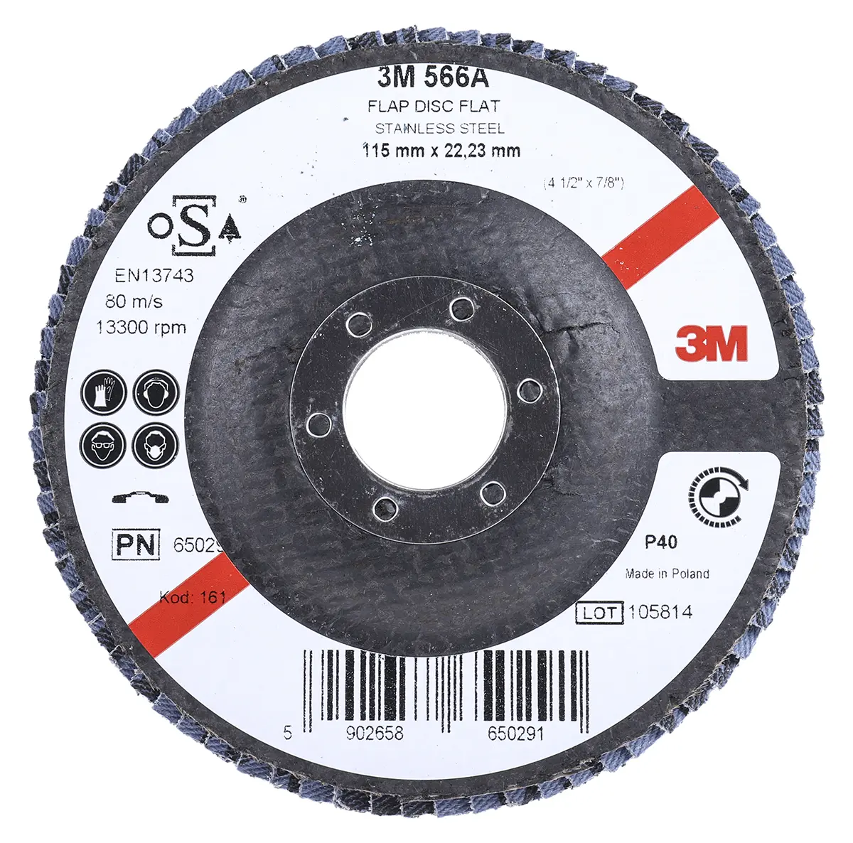 Produktfoto 1 von 3M 566A Zirkonoxid Aluminium Lamellenscheibe Ø 115 mm Grob, Korngröße P40 1 Per Pack