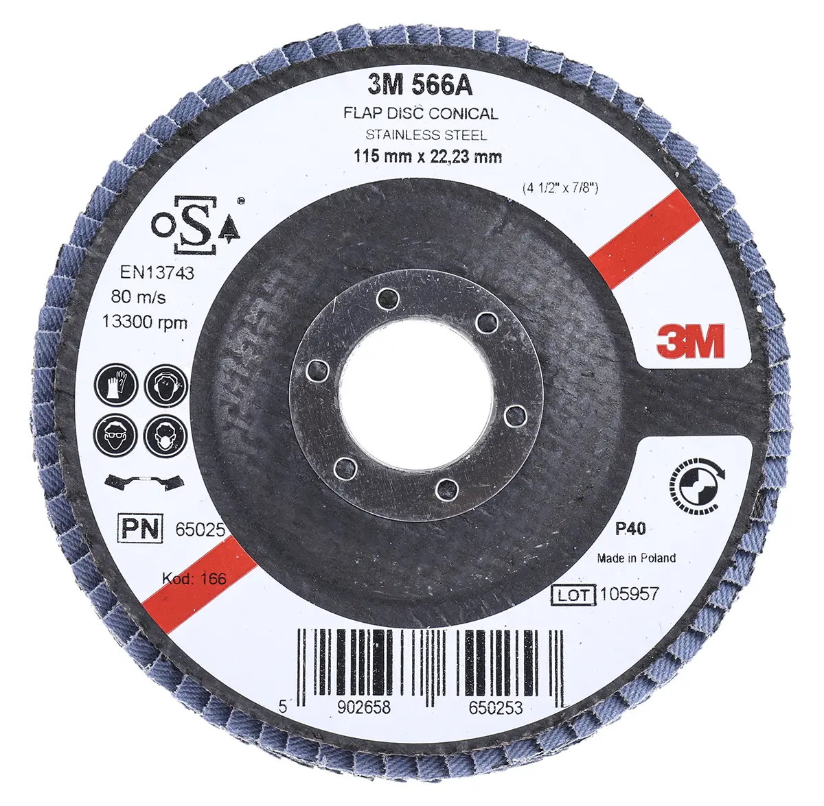 Produktfoto 1 von 3M 566A Zirkonoxid Aluminium Lamellenscheibe Ø 115 mm Grob, Korngröße P40 1 Per Pack