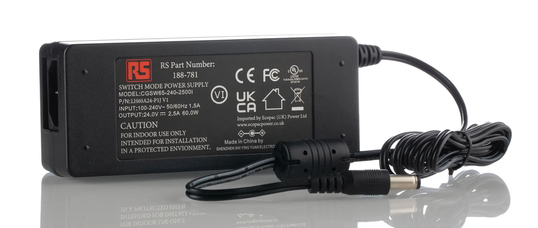 Produktfoto 1 von RS PRO Steckernetzteil 60W, 135 → 370 V dc, 90 → 264V ac, 24V dc / 2.5A, IEC 320-C14 Anschluss