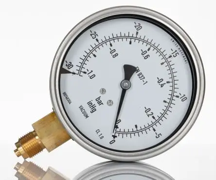 Produktfoto 1 von RS PRO BSPM Manometer 100 mm 1 bar → 0 bar ±1 % Edelstahl Gehäuse BSP 3/8 in
