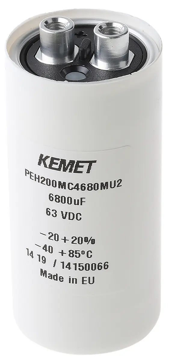 Produktfoto 1 von KEMET PEH200, Schraub Aluminium-Elektrolyt Kondensator 6800μF ±20% / 63V dc, Ø 36.6mm x 76.5mm x 76.5mm, +85°C