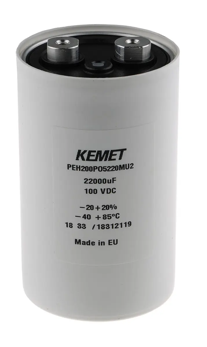 Produktfoto 1 von KEMET PEH200, Schraub Aluminium-Elektrolyt Kondensator 22000μF ±20% / 100V dc, Ø 66.6mm x 106 mm, 109.2 mm x 109.2mm,
