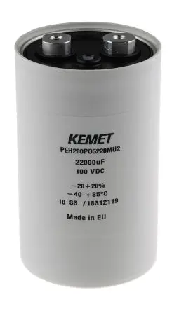 Produktfoto 1 von KEMET PEH200 Schraubanschlussklemme Kondensator 22000 μF ±20 % / 100V dc, Ø 66.6 mm x 109.2 mm x 109.2 mm, 85 °C