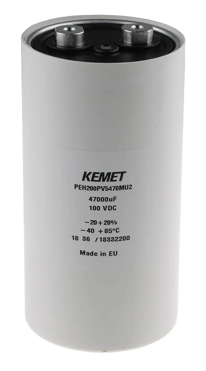 Produktfoto 1 von KEMET PEH200, Schraub Aluminium-Elektrolyt Kondensator 47000μF ±20% / 100V dc, Ø 76.6mm x 149.2mm x 149.2mm, +85°C