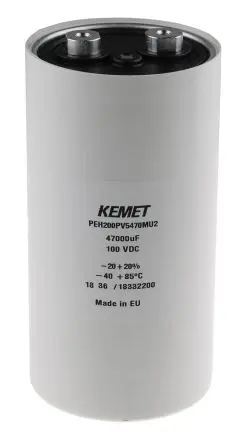 Produktfoto 1 von KEMET PEH200 Schraubanschlussklemme Kondensator 47000 μF ±20 % / 100V dc, Ø 76.6 mm x 149.2 mm x 149.2 mm, 85 °C