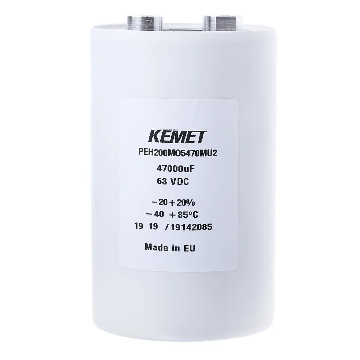 Produktfoto 1 von KEMET PEH200, Schraub Aluminium-Elektrolyt Kondensator 47000μF ±20% / 63V dc, Ø 66.6mm x 109.2mm x 109.2mm, +85°C