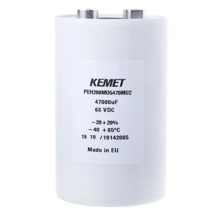 Produktfoto 1 von KEMET PEH200 Schraubanschlussklemme Kondensator 47000 μF ±20 % / 63V dc, Ø 66.6 mm x 109.2 mm x 109.2 mm, 85 °C