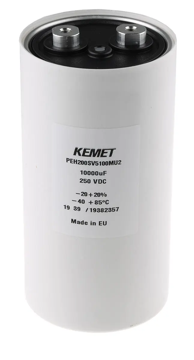 Produktfoto 1 von KEMET PEH200, Schraub Aluminium-Elektrolyt Kondensator 10000μF ±20% / 250V dc, Ø 76.6mm x 149.2mm x 149.2mm, +85°C