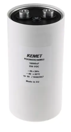 Produktfoto 1 von KEMET PEH200 Schraubanschlussklemme Kondensator 10000 μF ±20 % / 250V dc, Ø 76.6 mm x 149.2 mm x 149.2 mm, 85 °C