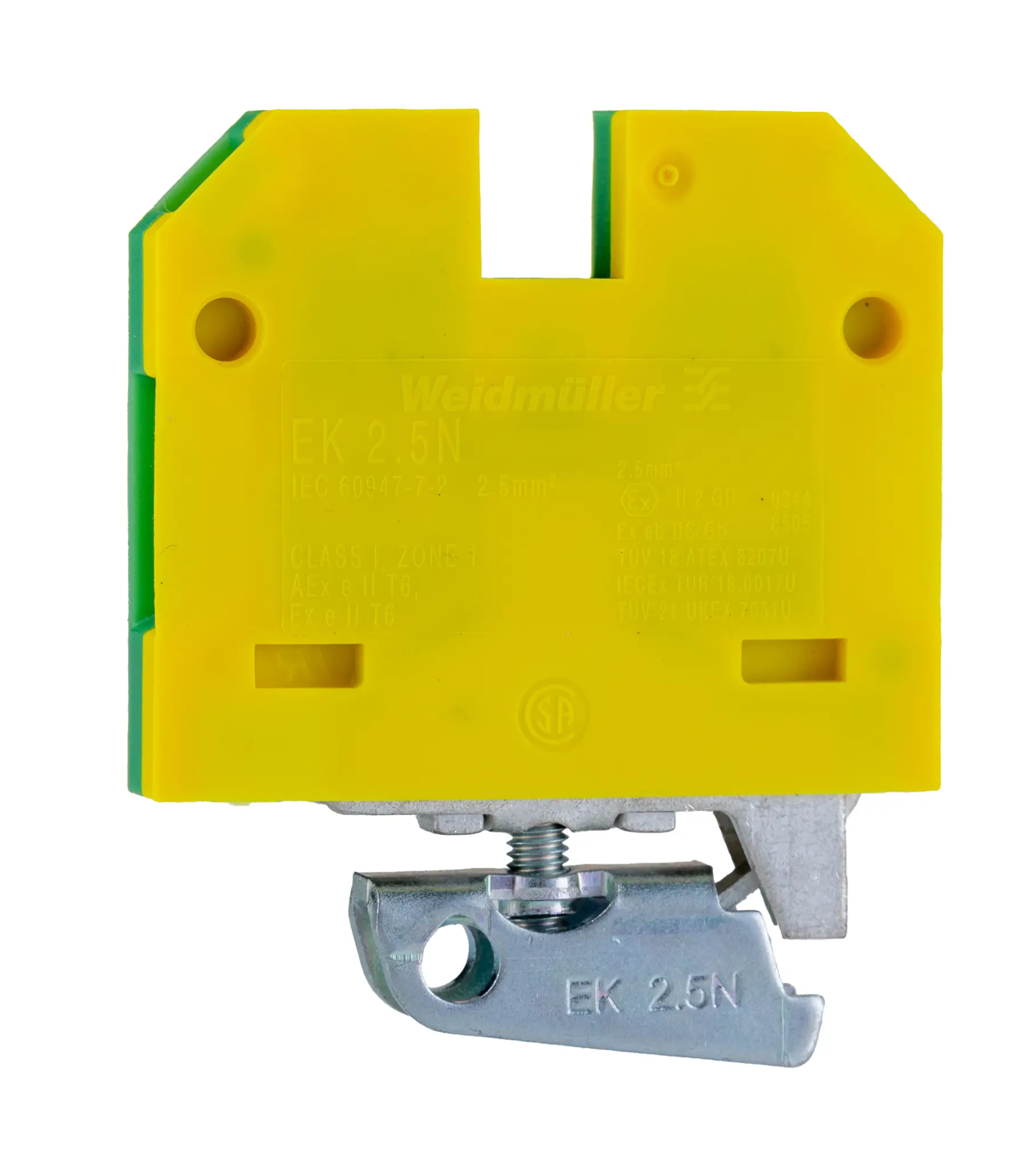 Produktfoto 1 von Weidmuller Schutzleiterklemme, EK 2,5, 2-polig, Schrauben-Anschluss, 26 → 12 AWG, 2.5mm², Grün/Gelb