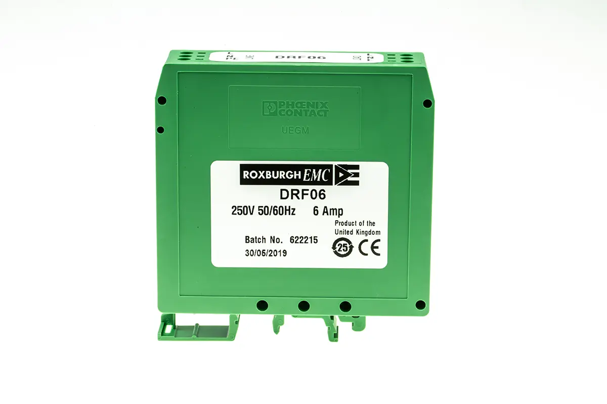 Roxburgh EMC DRF Entstörfilter, 250V ac, 6 A, DIN-Hutschiene 0.68 W, Schraubbefestigung, 1-phasig 1.46 mA / 0 to 440 Hz
