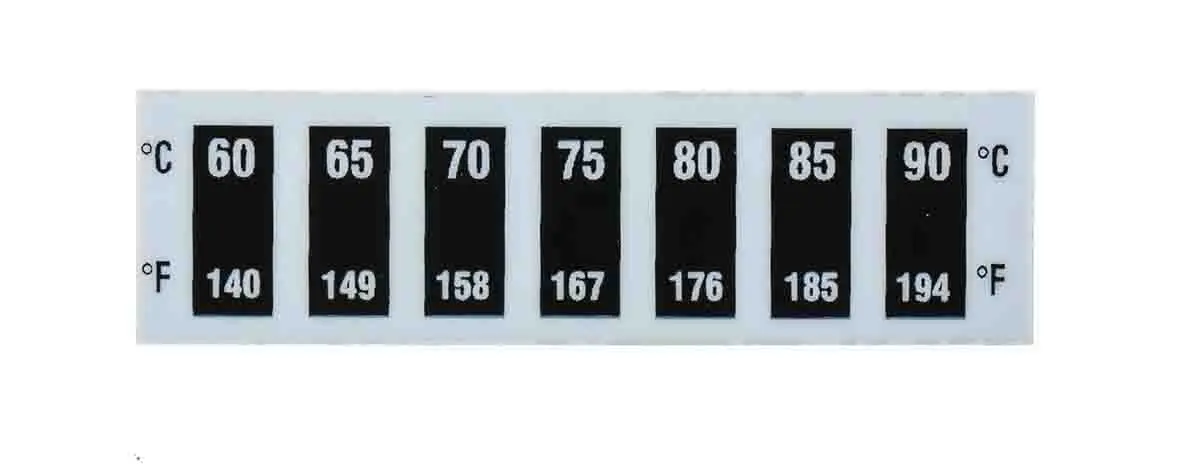 RS PRO Temperaturmessstreifen 60 °C / 90 °C 2 Messbereiche 10 Stk. Horizontal, L. 12.5 mm, B. 45 mm Reversibel