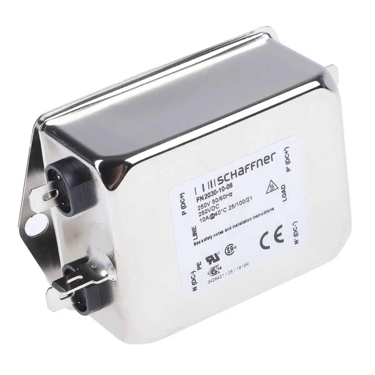 Schaffner FN2030 EMV-Filter, 250V ac/dc, 10 A, Chassismontage 5.3 W, Faston, 1-phasig 0.73 mA / 400Hz 1 Zustände