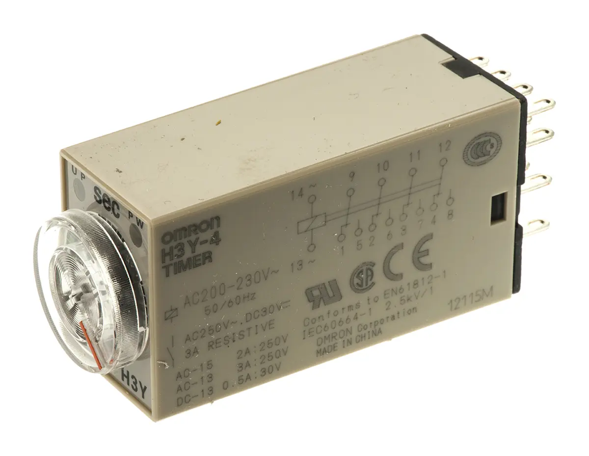 Produktfoto 1 von Omron H3Y Zeitrelais, DIN-Hutschiene 24 V dc 200V ac, 230 V ac, 2 to 60 s, 4 Kont. 1, 4-poliger Schließer