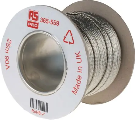 Produktfoto 1 von RS PRO Geflochtene Kabel Zinn-Kupferdraht 9.05 mm² 25 m 24 x 12 x 0.20 mm 1.91 Ω/km
