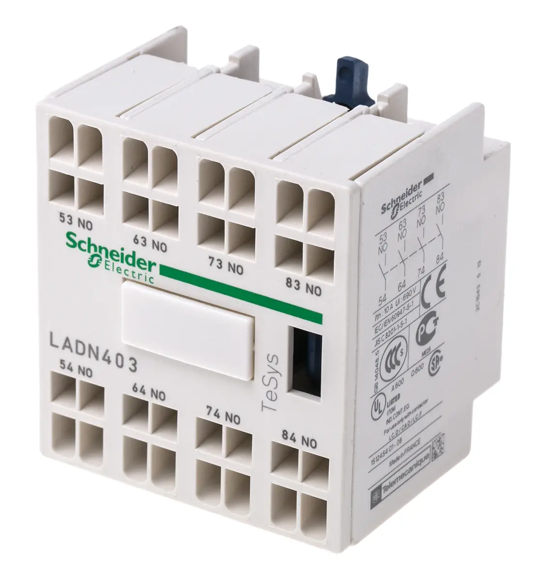 Produktfoto 1 von Schneider Electric TeSyS D Hilfskontaktblock 4-polig, 4 Schließer Schnappbefestigung mit Federbefestigung Anschluss 10
