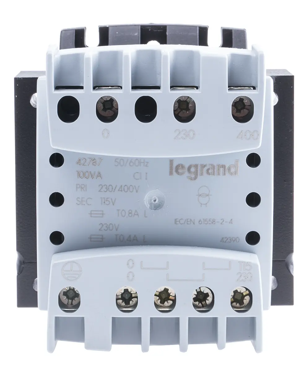 Produktfoto 1 von Legrand 100 VA DIN-Schienen-Trafo, Primär 230 to 400 V / Sekundär 230 V DIN-Hutschiene, Schraubanschlussklemme 1 Ausg.,