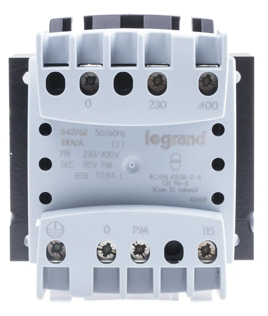 Produktfoto 1 von Legrand DIN-Schienen-Trafo, 100VA, Primär 230 → 400V / Sekundär 115V DIN-Schiene 1 Ausg., 98mm x 84mm x 86mm