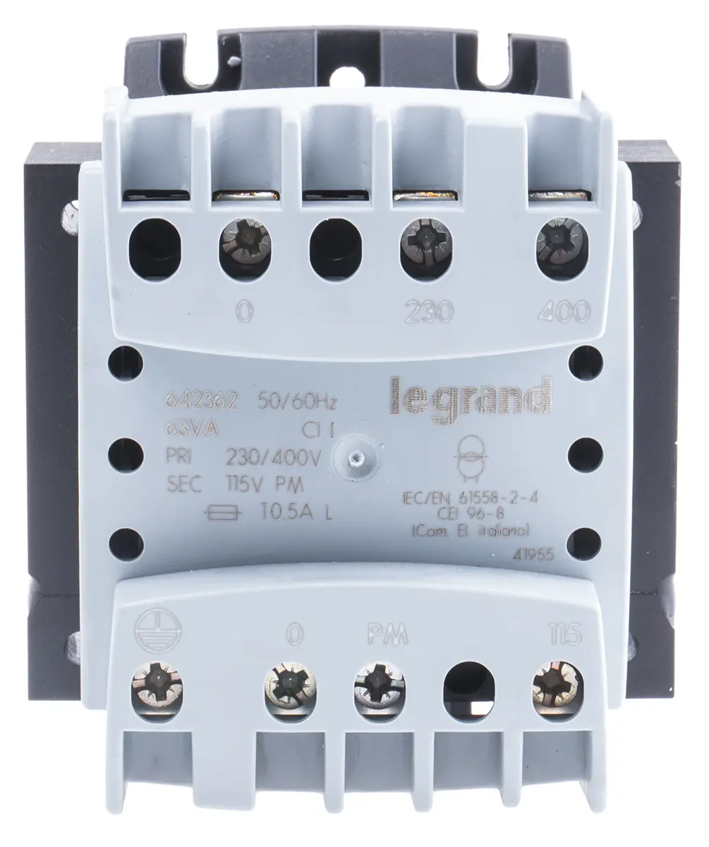 Produktfoto 1 von Legrand 63 VA DIN-Schienen-Trafo, Primär 230 to 400 V / Sekundär 230 V DIN-Hutschiene, Schraubanschlussklemme 1 Ausg.