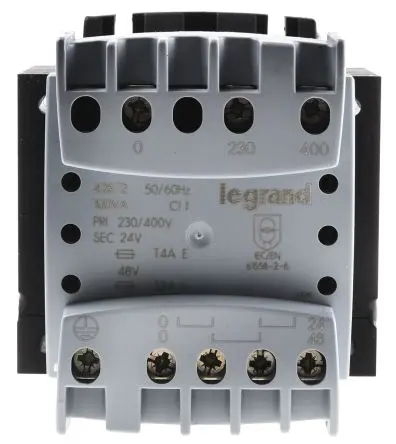 Produktfoto 1 von Legrand 100 VA DIN-Schienen-Trafo, Primär 230 to 400 V / Sekundär 230 V Schraubanschlussklemme, DIN-Hutschiene 2 Ausg.,