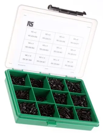 Produktfoto 1 von RS PRO Stahl Innensechskant Schrauben Sortiment Innensechskant x 12 mm x 3 mm, 1120 Stück