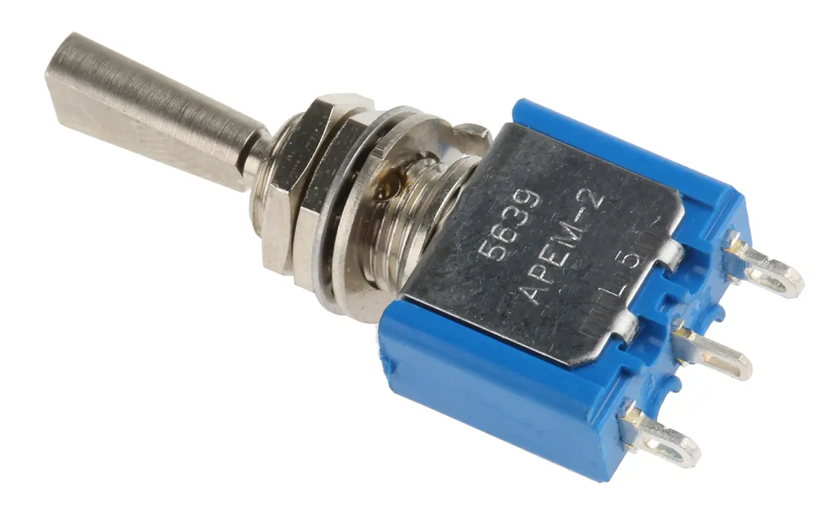 Produktfoto 1 von APEM Panel Kippschalter 1-poliger Umschalter, Ein-Aus-Ein, 30 V dc, 250 V ac, 4A, Lot