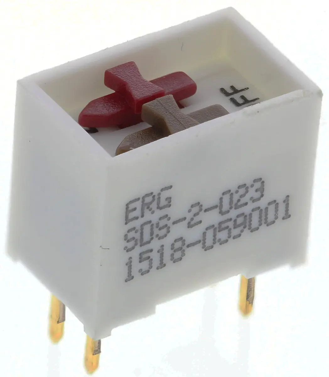 Produktfoto 1 von ERG THT DIP-Schalter Gleiter 2-stellig, 2-poliger Ein/Ausschalter, Kontakte vergoldet 1 A @ 100 V, bis +100°C