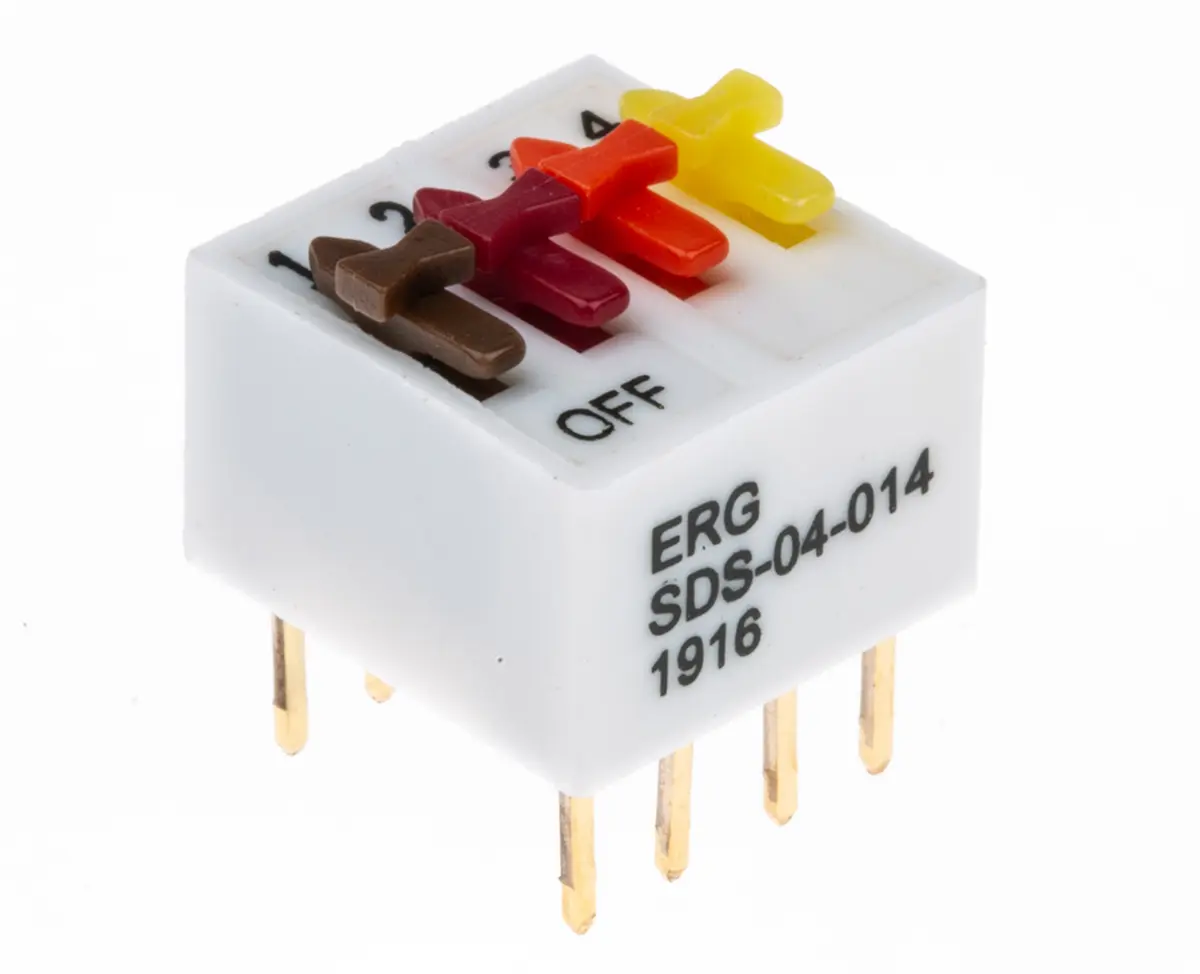 Produktfoto 1 von ERG THT DIP-Schalter Richtungstaste 4-stellig 1-poliger Ein-/Ausschalter, Kontakte vergoldet 1 A @ 100 V, bis +100°C
