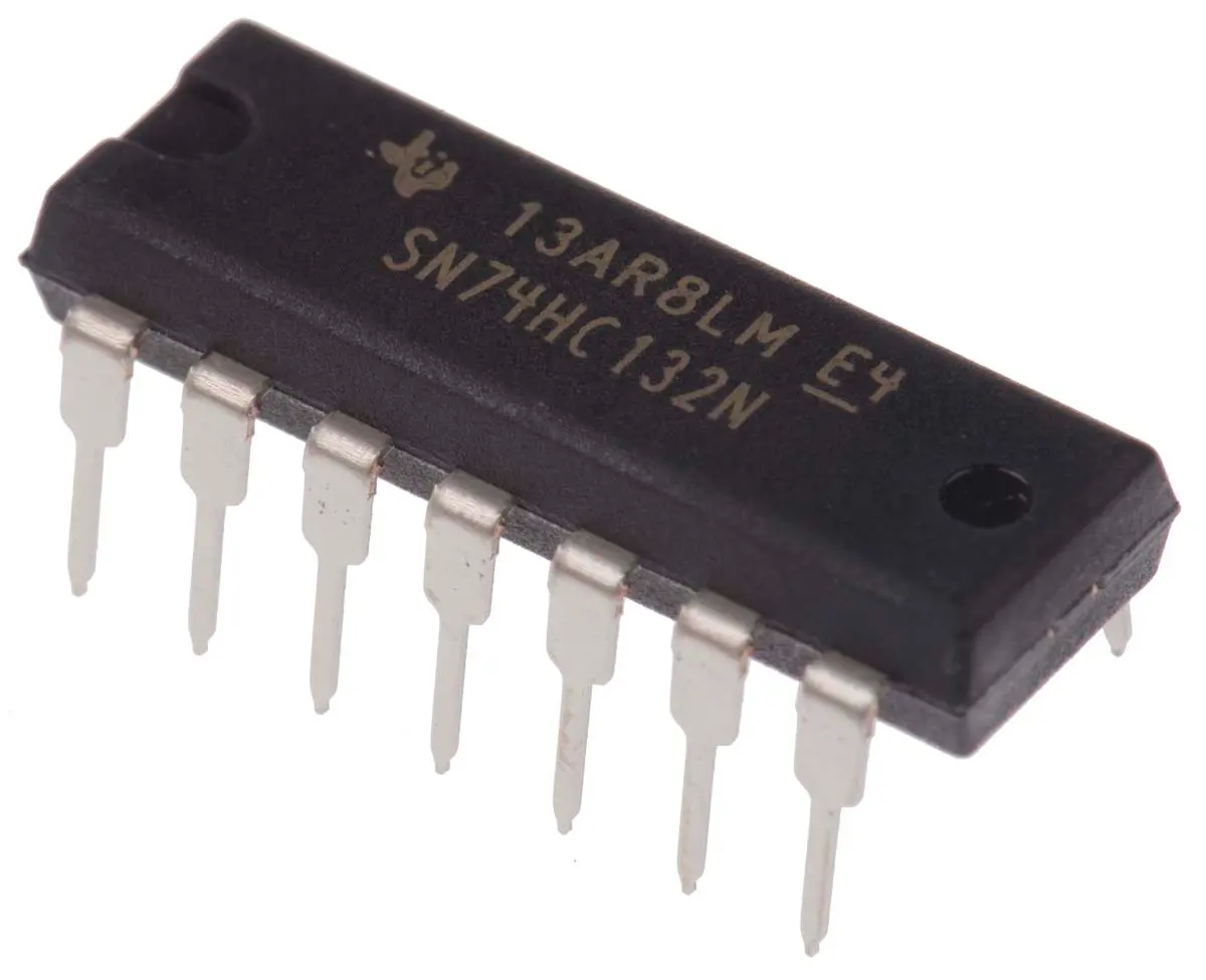 Produktfoto 1 von Texas Instruments Logikgatter, 4-Elem., NAND, HC, Push-Pull, 5.2 mA, 14-Pin, PDIP, 2 Schmitt-Trigger-Eingang
