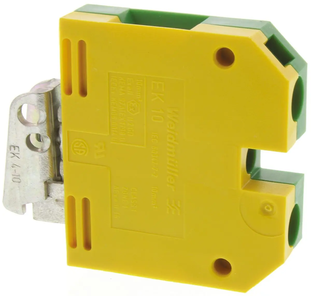 Produktfoto 1 von Weidmüller Schutzleiterklemme, EK 10, 2-polig, 14/8 AWG, 10 mm² Schraubbefestigung, Gelb, Grün Nylon ATEX