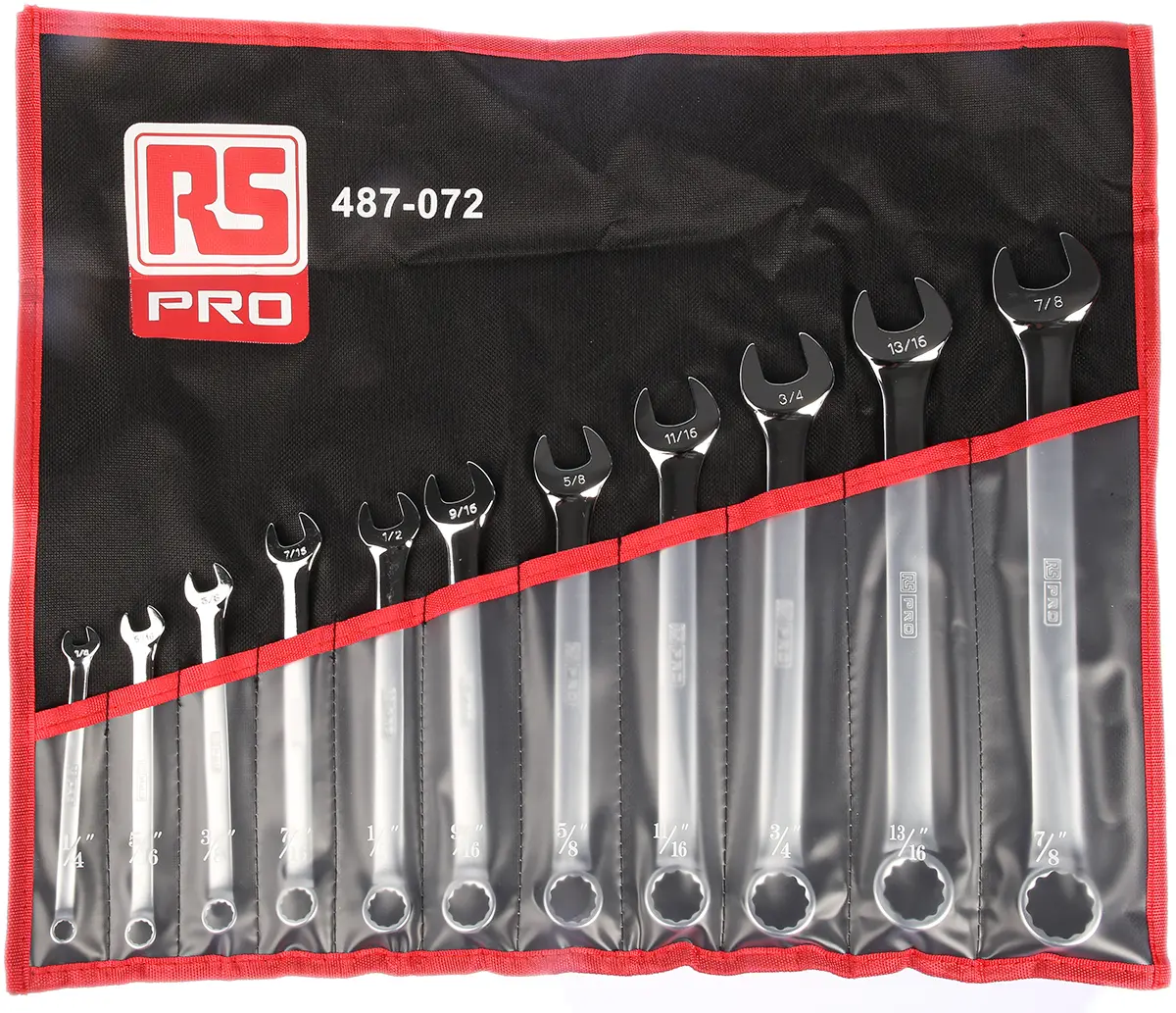 Produktfoto 1 von RS PRO Schraubenschlüsselsatz Ringschlüssel CrV-Stahl, 11-teilig 5/8 in, 11/16 in, 9/16 in, 13/16 in, 1/4 in, 7/16 in,