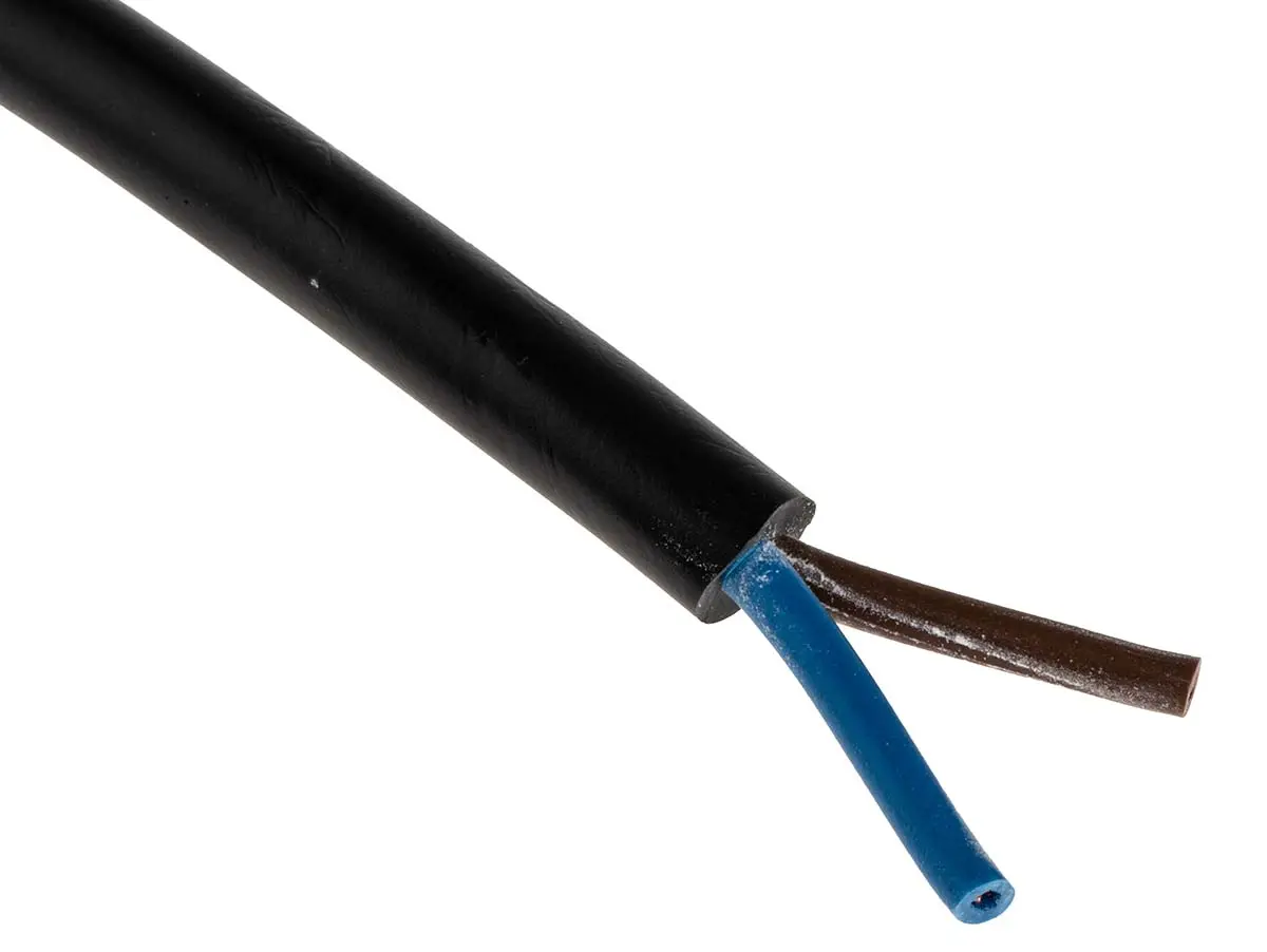 Produktfoto 1 von RS PRO H05VV-F Netzkabel, 2-adrig Schwarz /Ø 7.5 mm Außen-ø , 100 m 70 °C, 500 V, Polyvinylchlorid