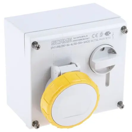 Produktfoto 1 von Scame 505 CEE Steckvorrichtung Überspannungsschutz, Buchse Gelb gewinkelt 2+E 4 h 16A, 130V, IP67, IP66