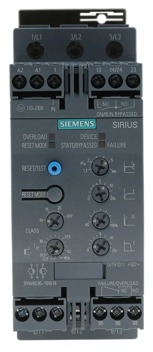 Produktfoto 1 von Siemens SIRIUS 3RW 3RW40 Sanftstarter 3-phasig 22 kW, 480 V ac / 45 A