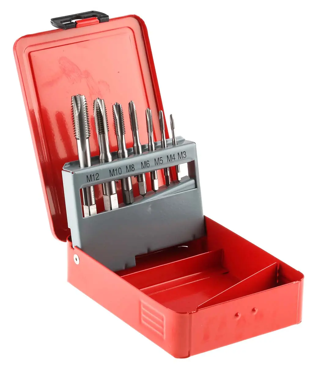 Produktfoto 1 von RS PRO Gewindebohrer Satz HSS Hand, Metrisch Spiralkopf, Rechtsgewinde, 7-teilig M3 To M12
