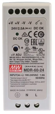 Produktfoto 1 von MEAN WELL MDR DIN-Schienen Netzteil Getaktete Stromversorgung 264V ac AC / 2.5 A 30V dc DC 60 W