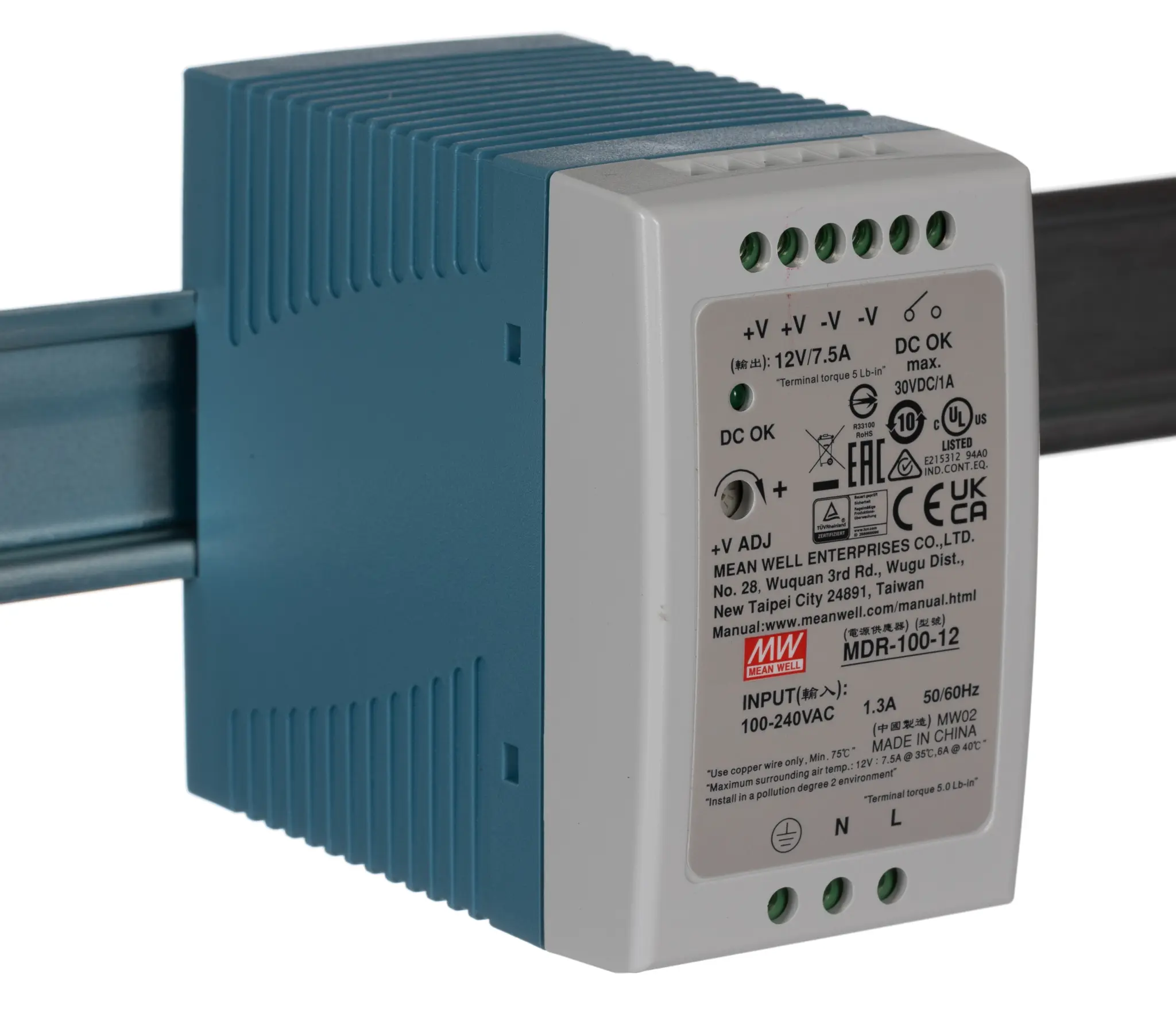 Produktfoto 1 von MEAN WELL MDR DIN-Schienen Netzteil Getaktet 12V dc / 7.5A 100W 85 → 264V ac