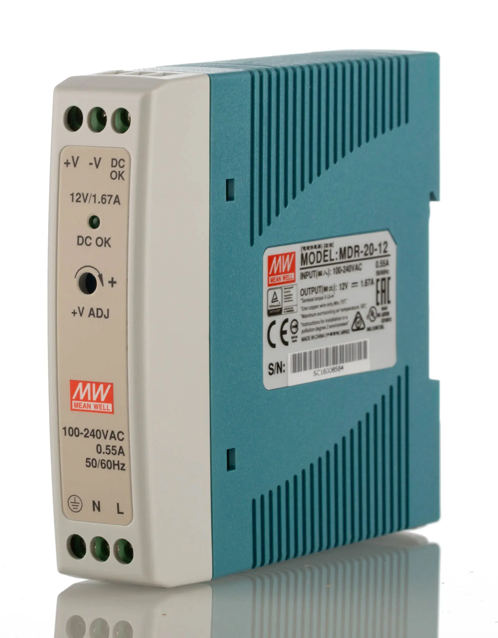 Produktfoto 1 von MEAN WELL MDR DIN-Schienen Netzteil Getaktet 12V dc / 1.67A 20W 85 → 264V ac