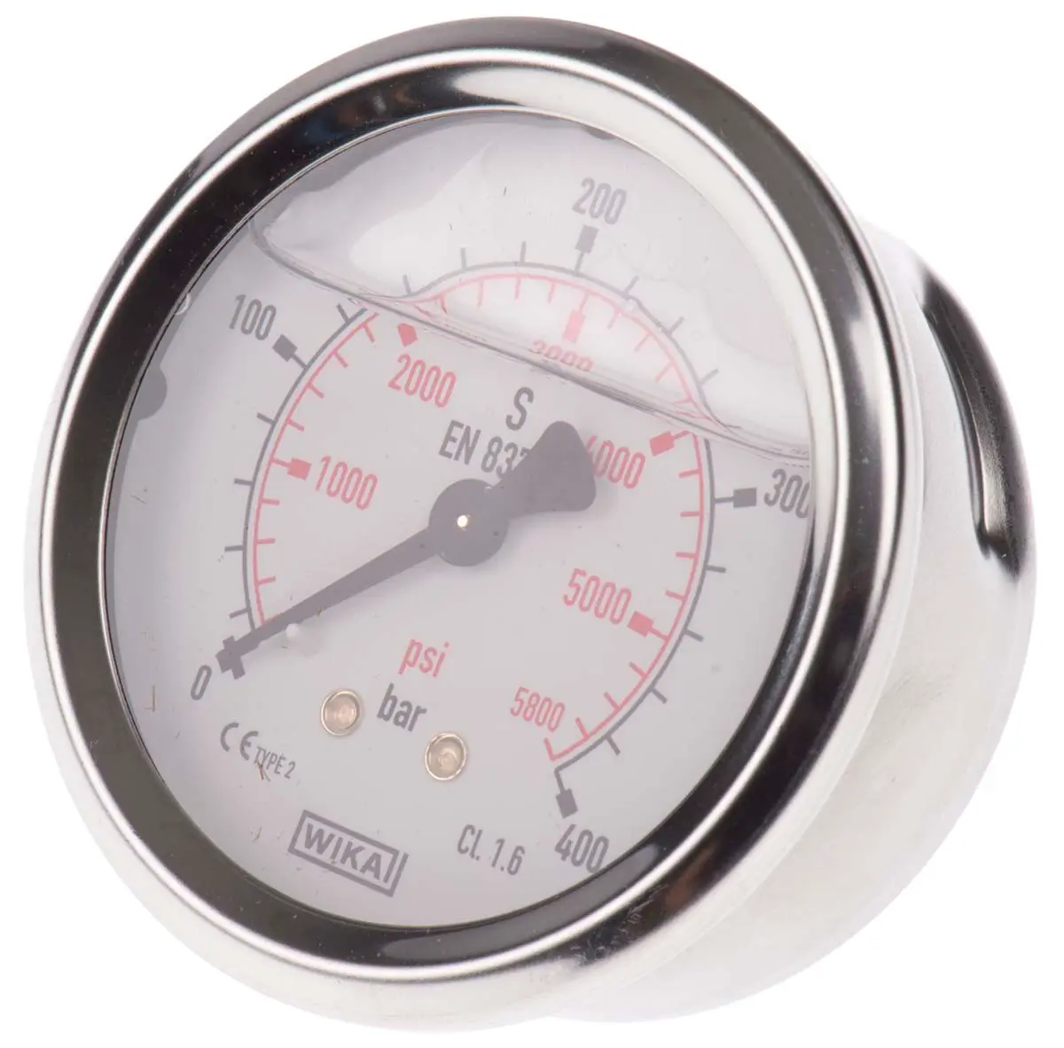 Produktfoto 1 von WIKA 213.53 Druckmessgerät Prozessanschluss hinten Analog 0bar → 400bar, Ø 63mm Edelstahl Gehäuse G1/4