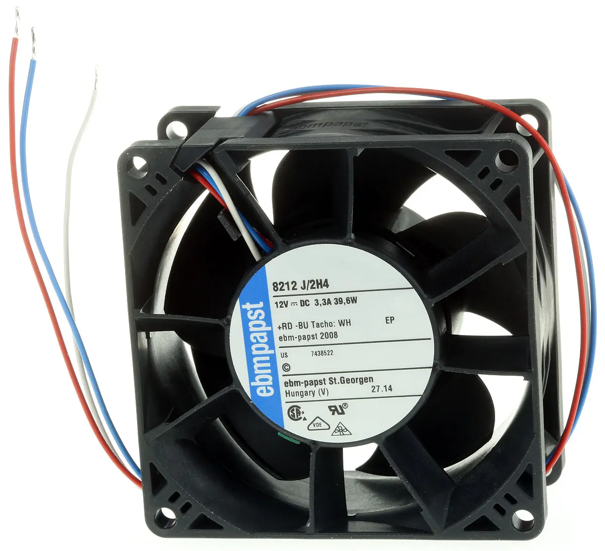 Produktfoto 1 von ebm-papst 8200 J DC-Axiallüfter, Kugellager, 12 V dc / 39W, 80 x 80 x 38mm, 14000U/min, 222m³/h